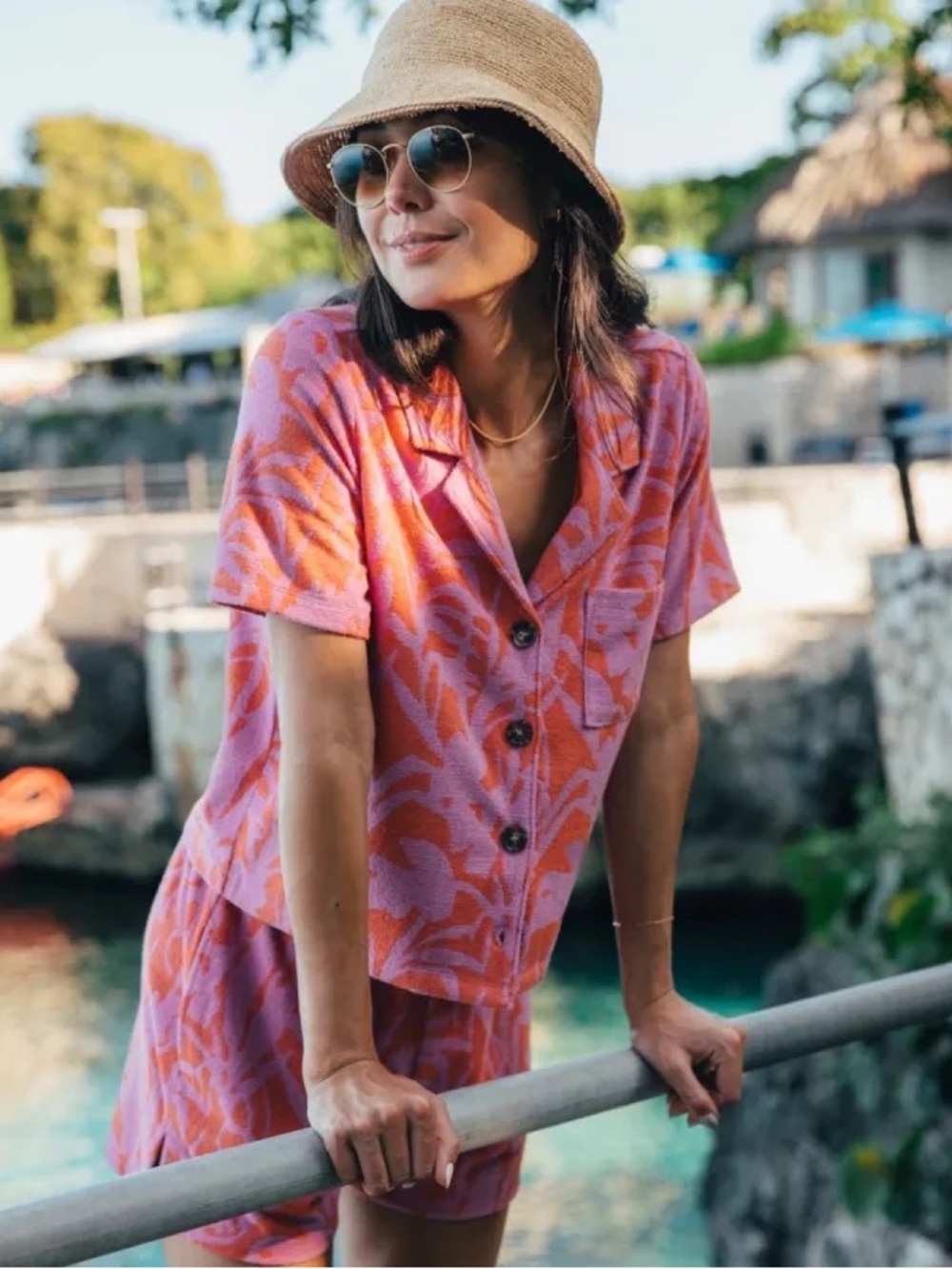 Marine Layer Terry Out Resort Shirt and Shorts Set in Orange/Lavender Floral